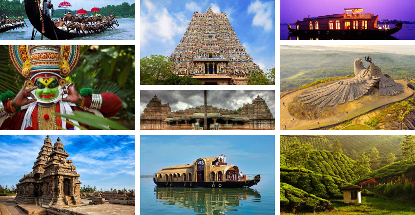 South India featuring ornate Meenakshi Temple, Kerala backwaters, and classical arts